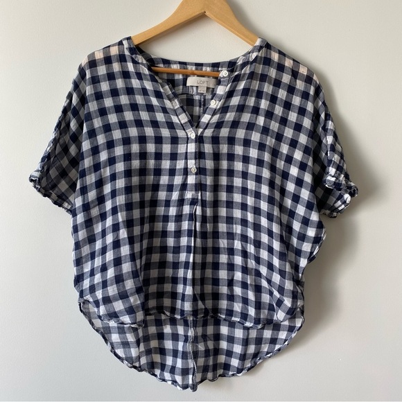 Loft 100% Cotton Buffalo Plaid Mandarin Collar Dolman Cap Sleeves Petite - Picture 1 of 10